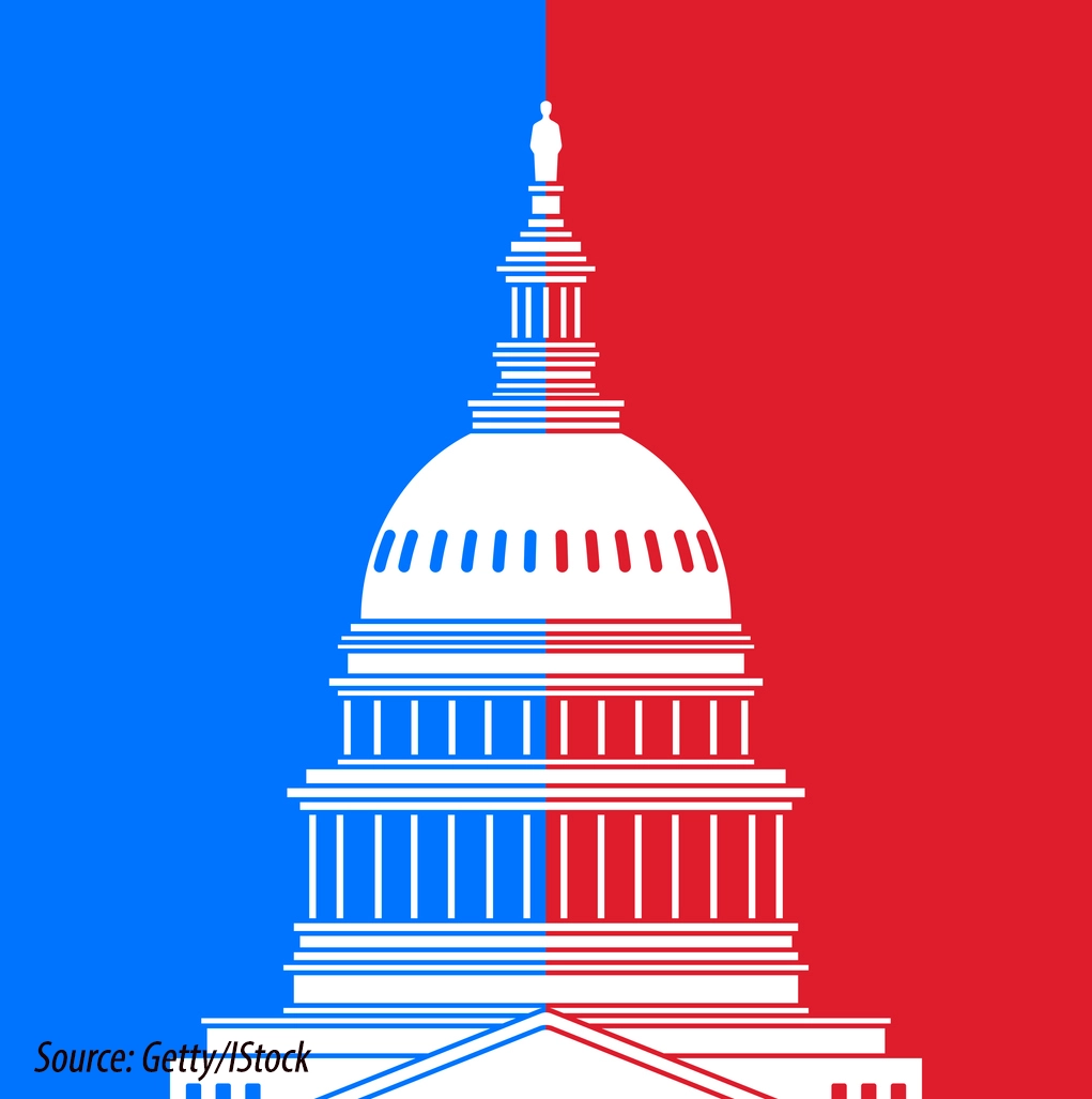 Illustration of U.S. Capitol dome split red and blue, symbolizing bipartisan housing bill from Senate Banking Committee
