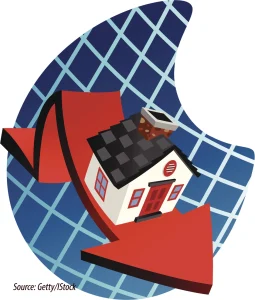 Illustration of homeownership decline with red down arrow and house