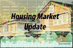 Housing Market Update graphic showing a yellow-sided house overlaid with financial stock chart lines and numbers, representing changing real-estate values in Onondaga County, New York. Text reads ‘Housing Market Update’ with Professional Career Center logo.