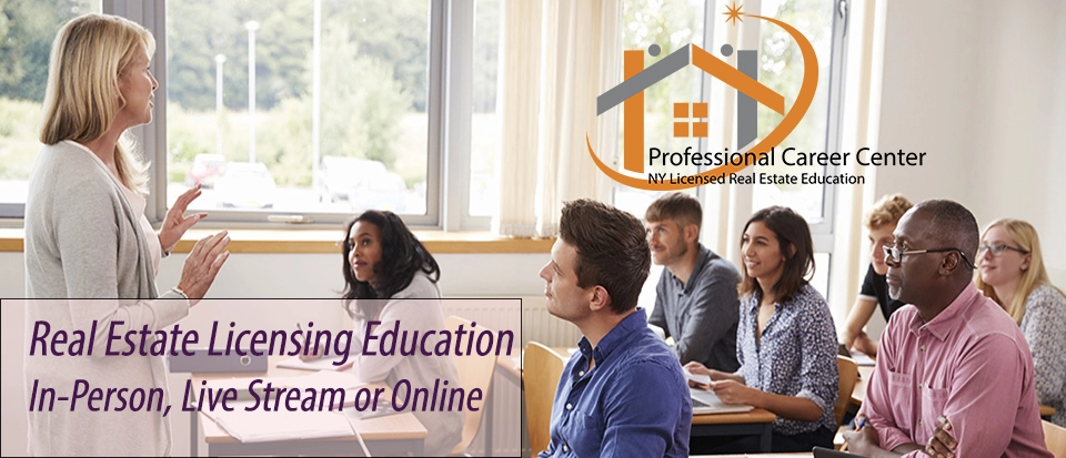 Professional Career Center-NYS Real Estate Licensing Education Students in a live classroom at Professional Career Center, a NYS Real Estate School in Syracuse, offering in-person, live-stream, and online real estate licensing courses