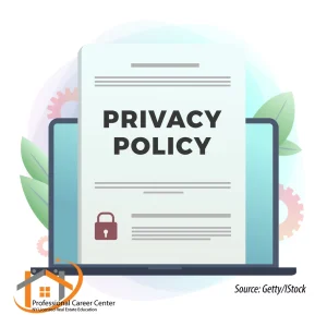 Privacy Policy concept illustration showing digital data security and compliance, used by Professional Career Center for a blog post about Zillow Group and real estate agent data sharing.