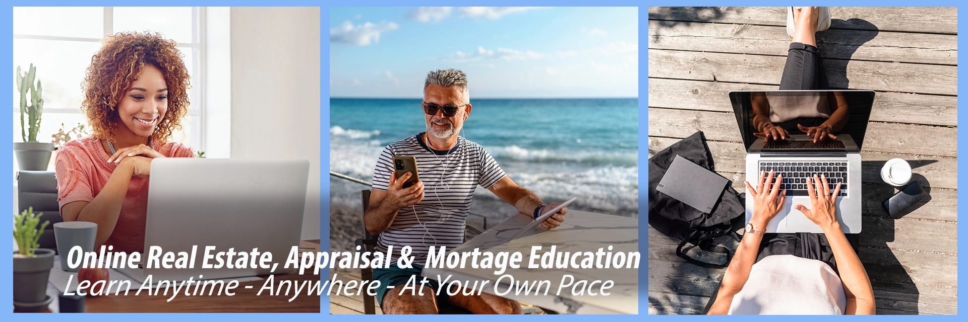 Online real estate, appraisal, and mortgage students learning remotely on laptops and mobile devices