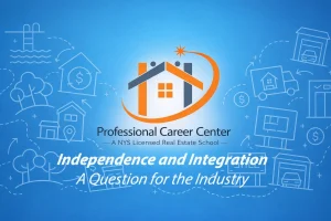 Illustration representing independence and integration in the real estate industry, with housing, finance, and transaction icons surrounding a central home logo