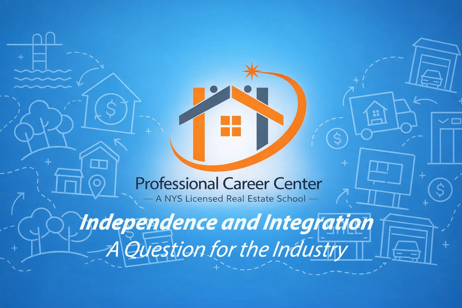 Illustration representing independence and integration in the real estate industry, with housing, finance, and transaction icons surrounding a central home logo
