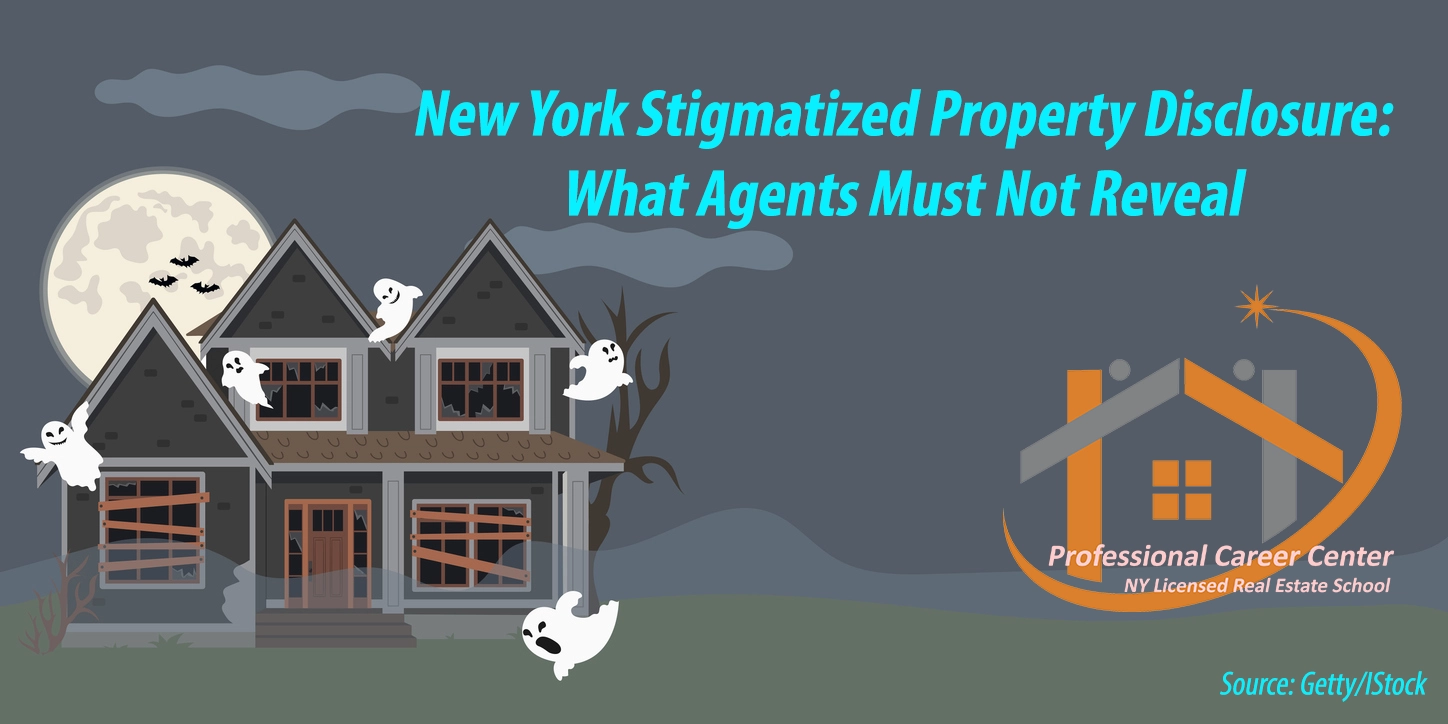 Illustration of a haunted-style house used to explain New York stigmatized property disclosure laws and what real estate agents are not required to disclose