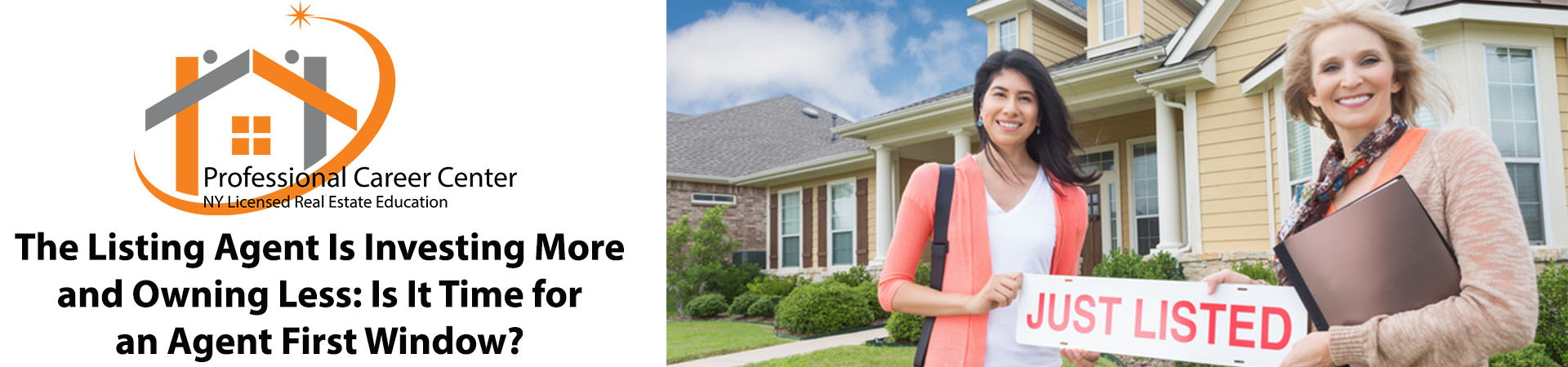 Listing agent leads and marketing costs illustrated by real estate agents holding a just listed sign representing control of listing leads