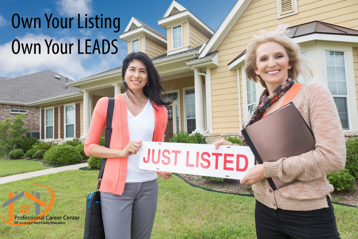 Real estate agents holding a just listed sign illustrating the concept of owning your listings and controlling real estate leads
