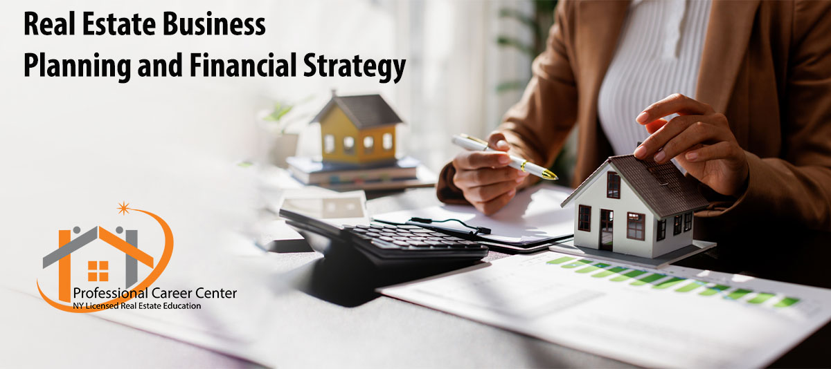 Real estate agent reviewing financial documents and planning business strategy at a desk with house model and calculator