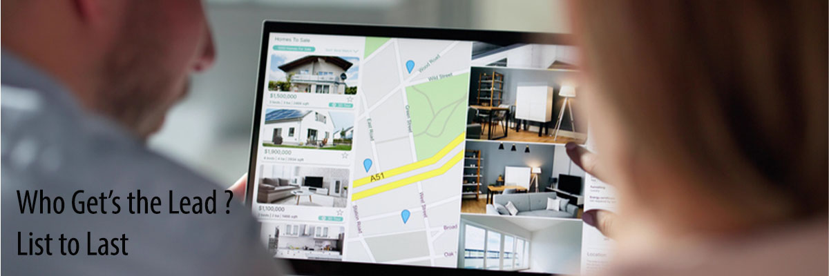 Real estate buyers searching homes online through a property portal while deciding which agent receives the lead
